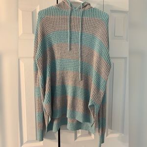 Gray and turquoise striped hoodie sweater